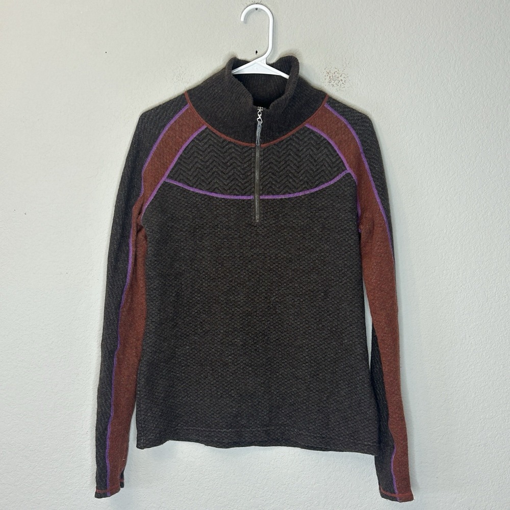 prAna Corrine Sweater 1/4 Zip Pullover Women's L Wool Blend Espresso Brown LS